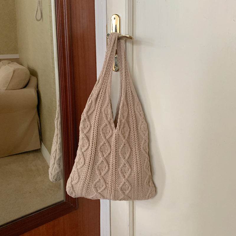 GWomen Shoulder Bags Portable Retro Hollow Knitted Woolen Yarn Bag Shoulder Tote Bag Solid Color Crochet Bag Large Capacity Shopping Tote Bags - Velora