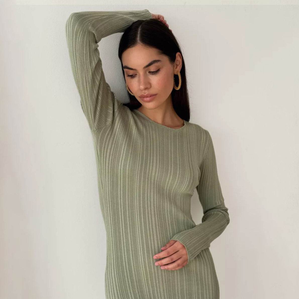 Sunken Stripe Waist-tight Hip Knitwear Dress Long Sleeve - Velora