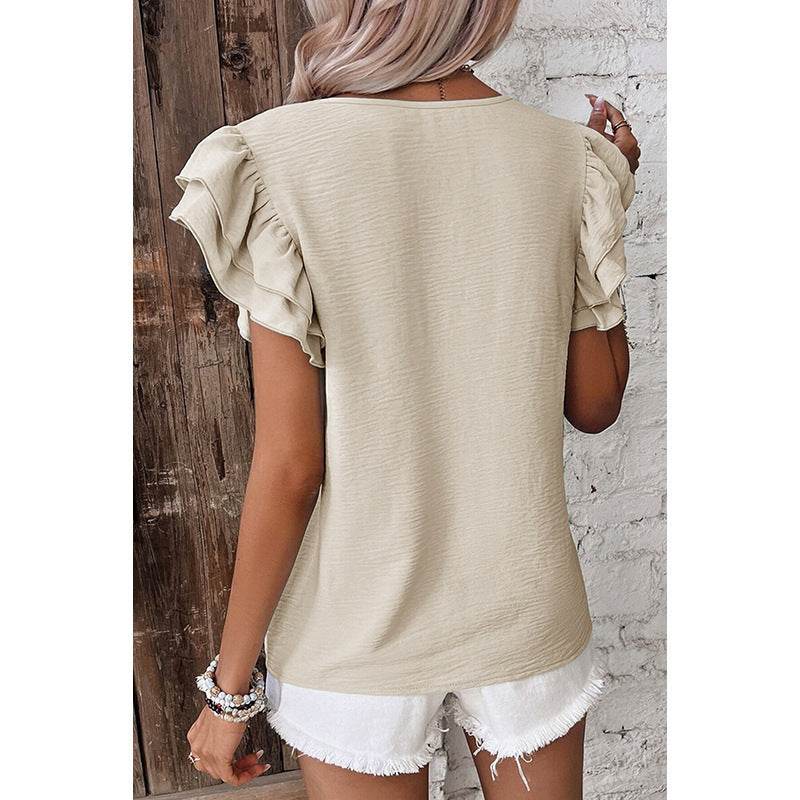 Summer Solid Color Petal Sleeve Pullover Women - Velora