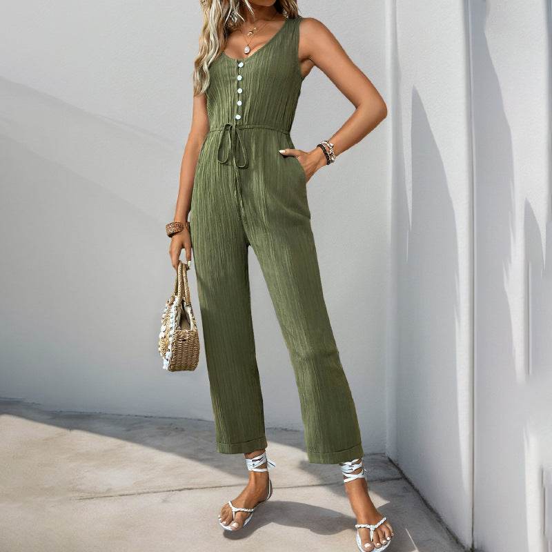 V-neck Sleeveless Jumpsuit With Belt And Pockets Summer Fashion Beach Pants Women's Clothing - Velora