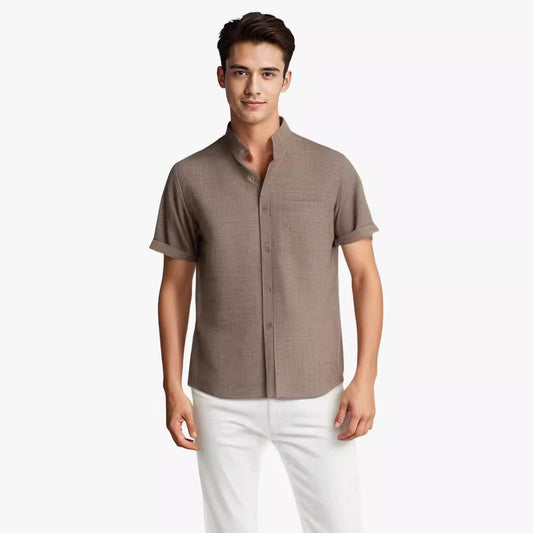Solid-color Short-sleeved Lapel Shirt Summer Breathable Cotton And Linen Top Mens Clothing - Velora