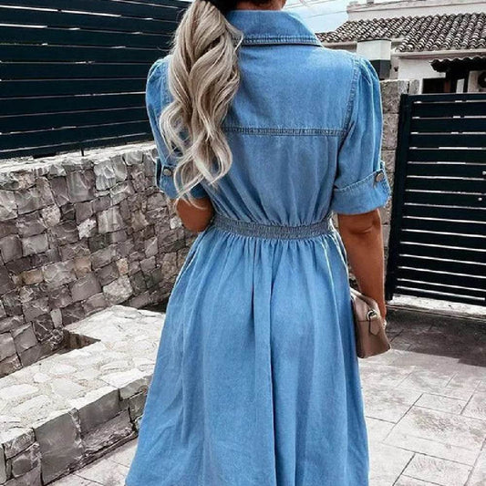 Women's Fashion Casual short sleeve button down Denim midi Dress