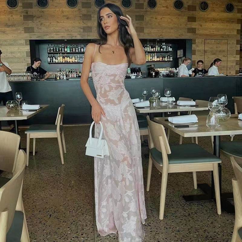 Sexy Flowers Lace Suspender Dress Summer Fashion Slim Back Lace-up Long Dresses Party Evening Club Clothing For Women - Velora