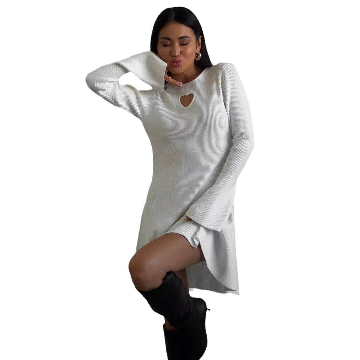 Women's Round Neck Hollow-out Love-shape Print Dress Design Tight Waist - Velora