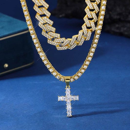 Zircon Cross Pendant Necklace Hip Hop Full Miami Curb Cuban Chain Iced Out Paved Rhinestones Bling Rapper Necklaces For Men Men's And Women's Clavicle Chain Jewelry - Velora