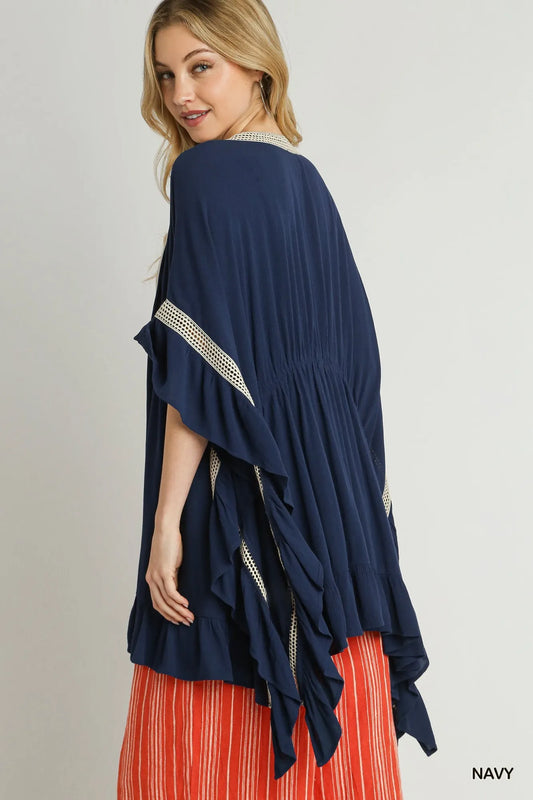 Umgee Ruffle Trim Kimono with Crochet Accent - Velora