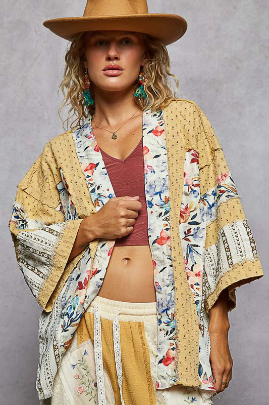 POL Raw Edge Open Front Patchwork Cardigan with Floral Trim - Velora