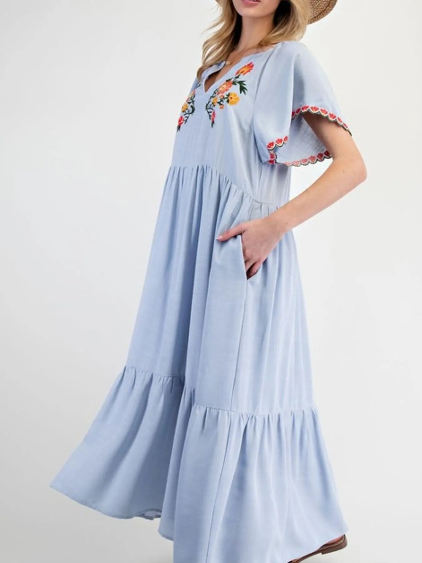 Floral Notched Flutter Sleeve Dress - Velora