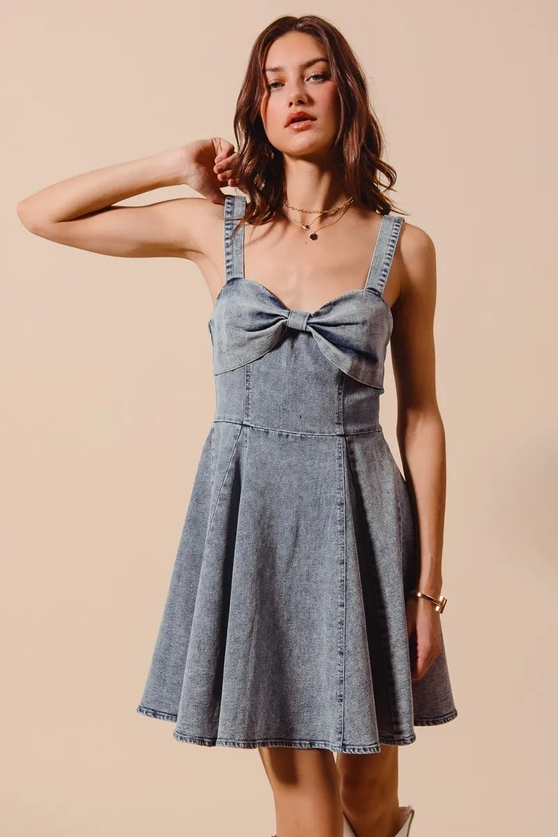 SO ME Mineral Washed Bow Ribbon Denim Flare Dress - Velora