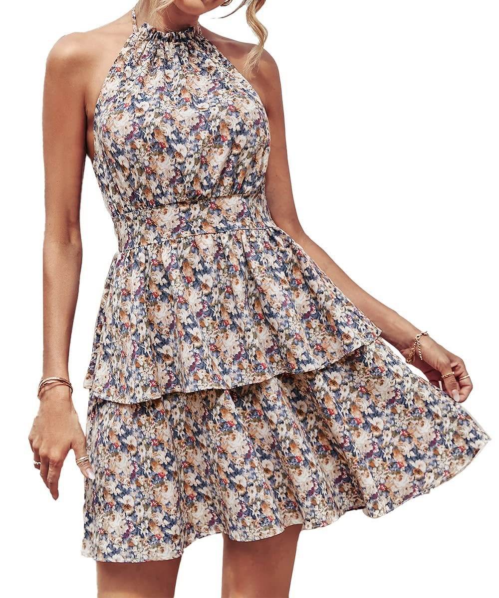 Summer Printed Halter Dress Fashion Boho Backless Ruffled A-Line Beach Dresses For Womens Clothing - Velora
