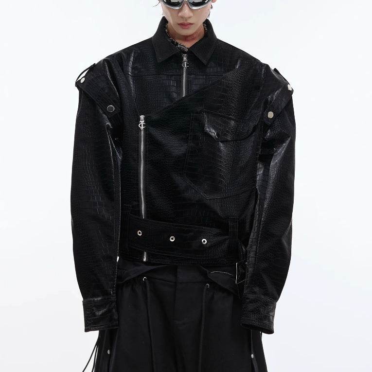 Padded Shoulder PU Leather Coat Deconstruction Design Sense - Velora