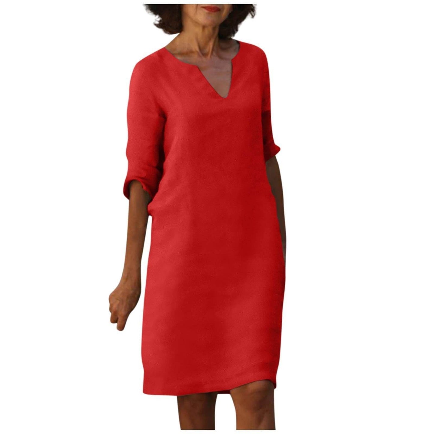 Cotton And Linen V-neck Dress Summer Stitching Retro High Waist Pure Color Dresses - Velora
