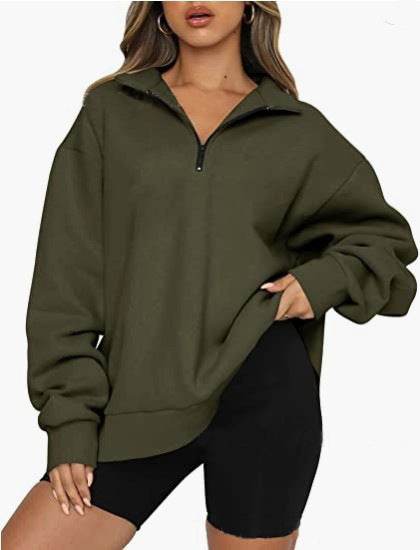 Women Sweatshirts Zip Turndown Collar Loose Casual Tops Clothes - Velora