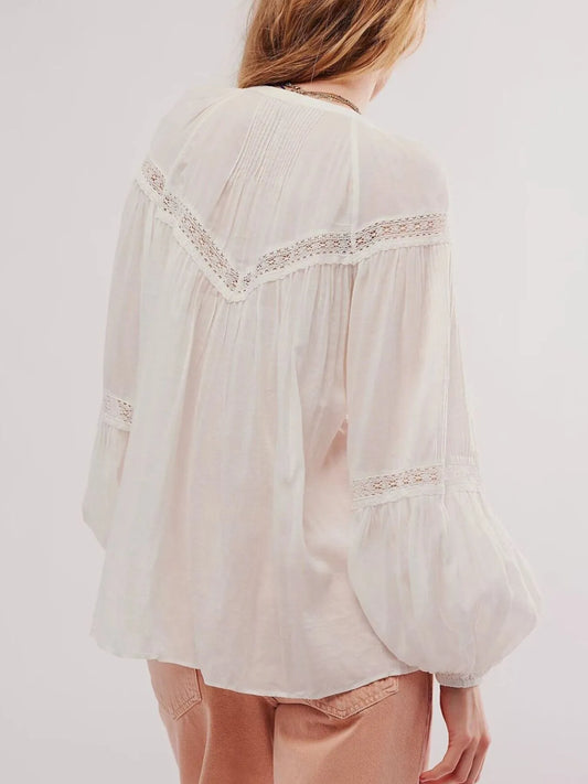 Lace Trim Balloon Sleeve Blouse - Velora