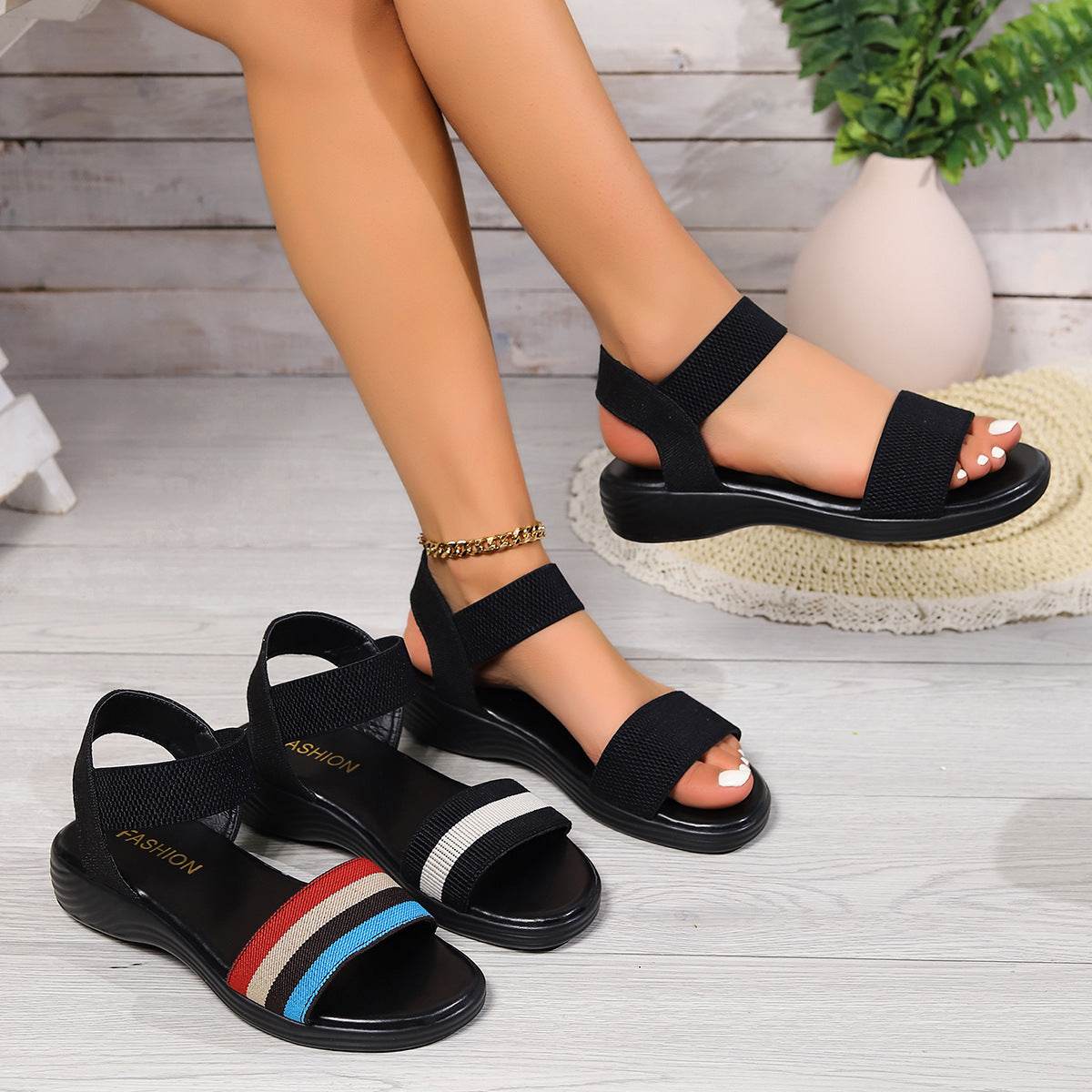 Fashion Color-block Elastic Sandals Summer Fashion Fish Mouth Flat Shoes For Women - Velora