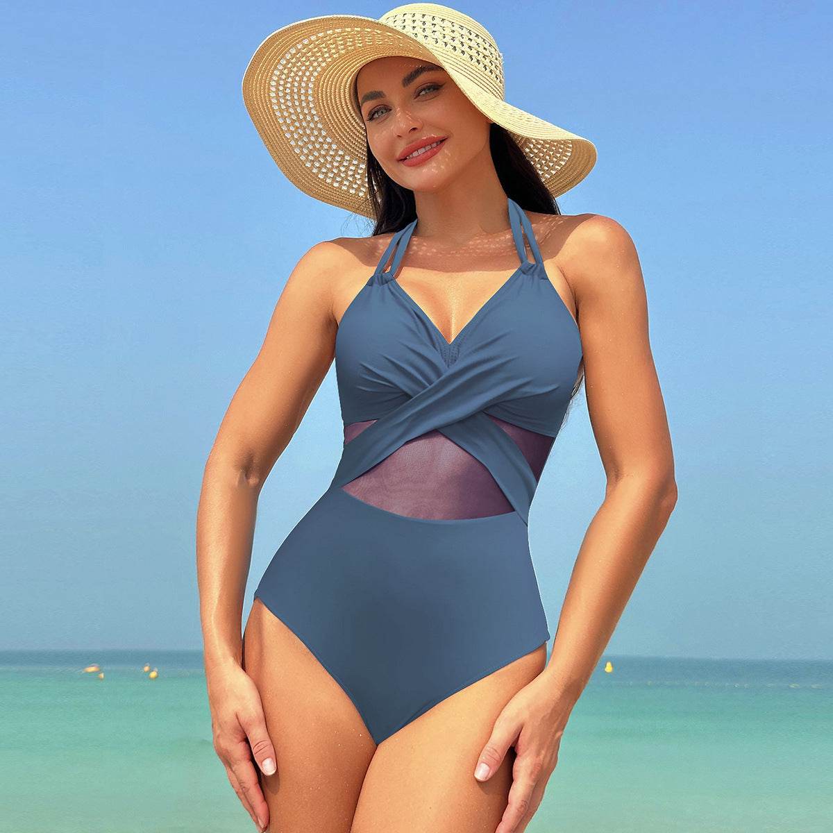 Halter-neck One-piece Swimsuit Summer Solid Color Cross-strap Design Mesh Bikini Beach Vacation Womens Clothing - Velora