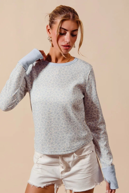 SO ME Textued Floral Knit Top with Contrast Cuffs - Velora