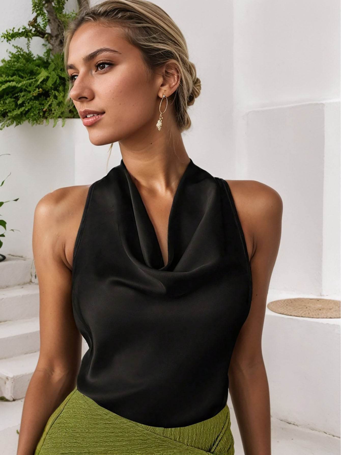 Women Solid Color Swing Collar Sleeveless Vest Trendy Elegant Shirt With Halter Neckline Backless Short Sleeve Tops Tshirts - Velora
