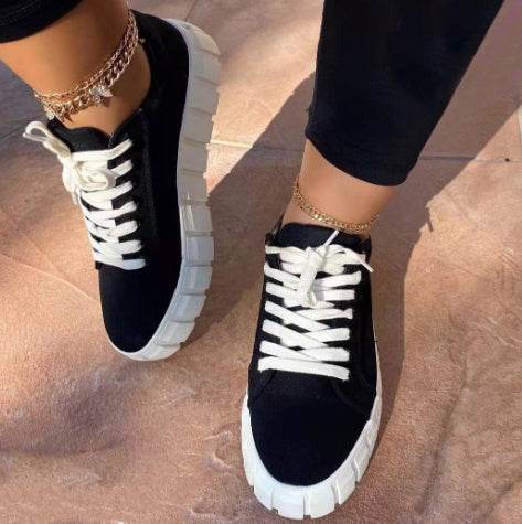 Lace-up Canvas Shoes Summer Round Toe Platform Single Shoes For Women Sneakers - Velora