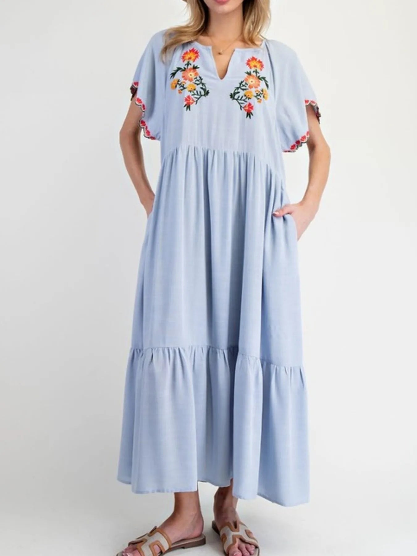 Floral Notched Flutter Sleeve Dress - Velora