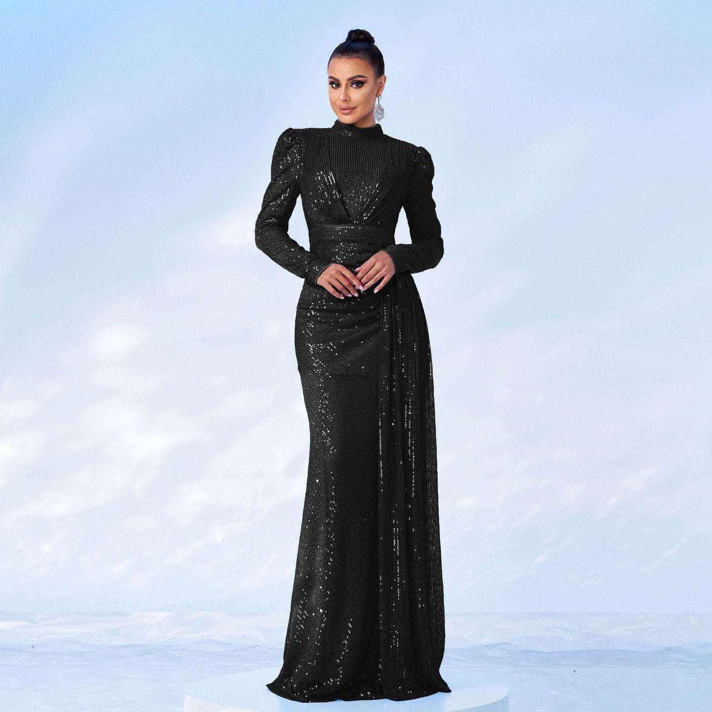Long Sleeve Round Neck Slim Long Sequined Banquet Dress - Velora