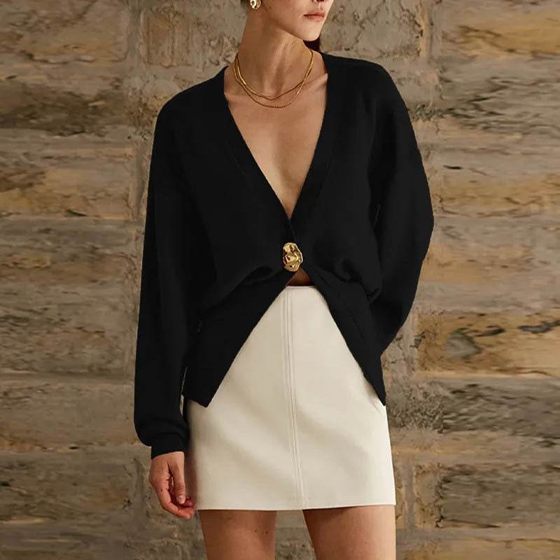 New V-neck Button Cardigan Fashion Knitted Sweater Top For Women Clothing - Velora