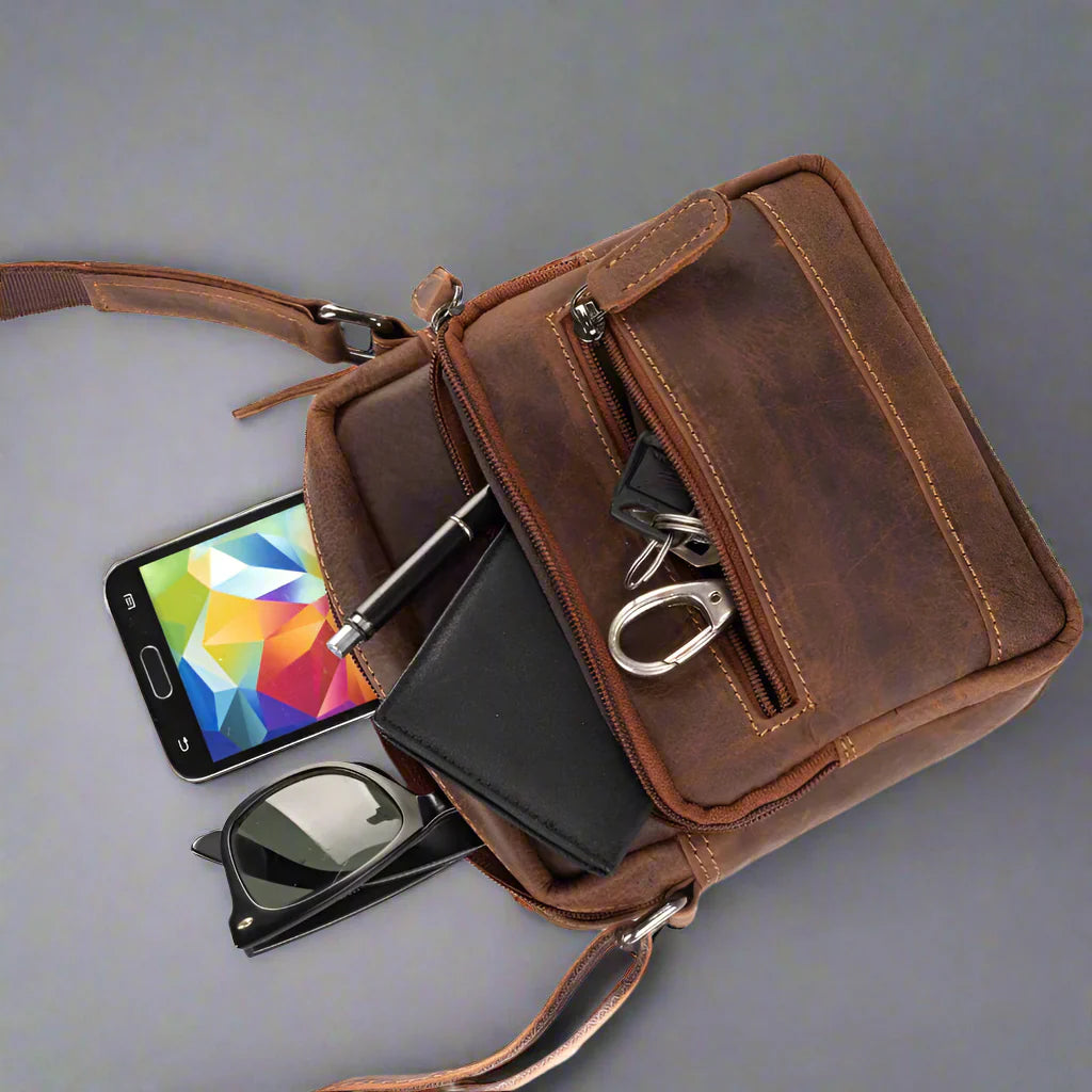 Greenwood Leather Mini-Messenger Bag. Compact Wax Pull-Up Leather Bag for Urban Adventures Boutique of Leathers/Open Road