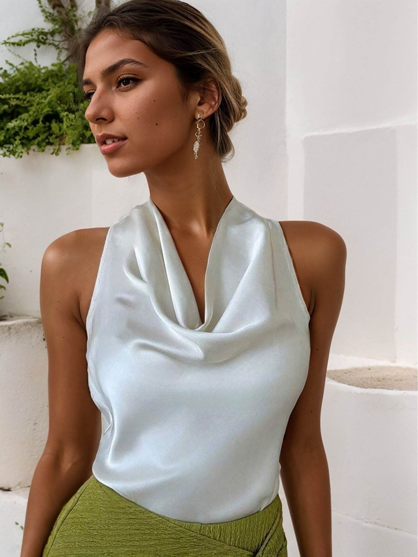 Women Solid Color Swing Collar Sleeveless Vest Trendy Elegant Shirt With Halter Neckline Backless Short Sleeve Tops Tshirts - Velora