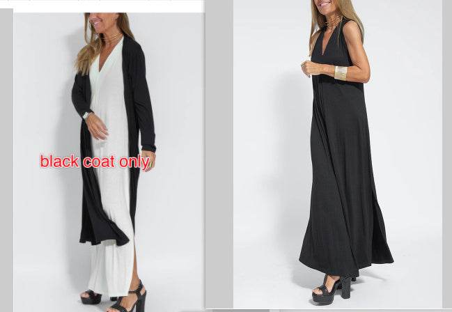 New Solid Color V-neck Sleeveless Dress Long Cardigan Jacket Suit For Women - Velora