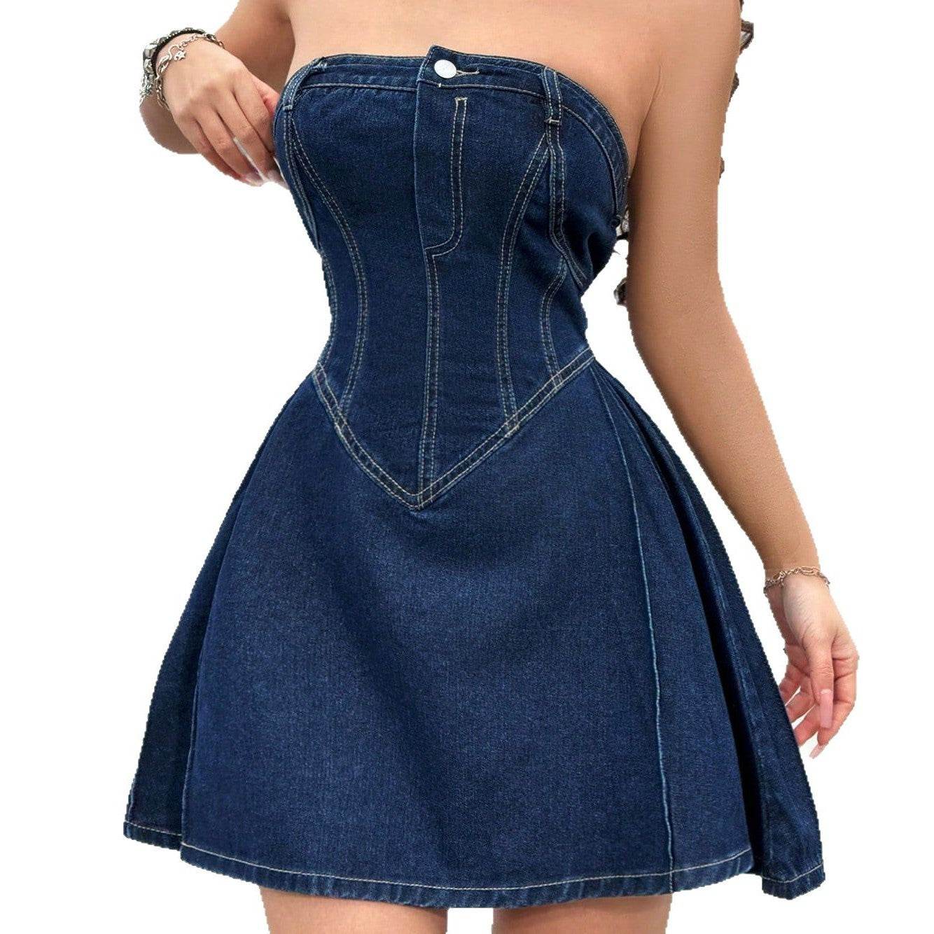 Women's Summer Off-shoulder Low Collar Sexy Fishbone Waist Tight Denim Dress Strapless Sexy Dress Trend Skinny Hipster Party Clubwear Y2K Bodycon - Velora