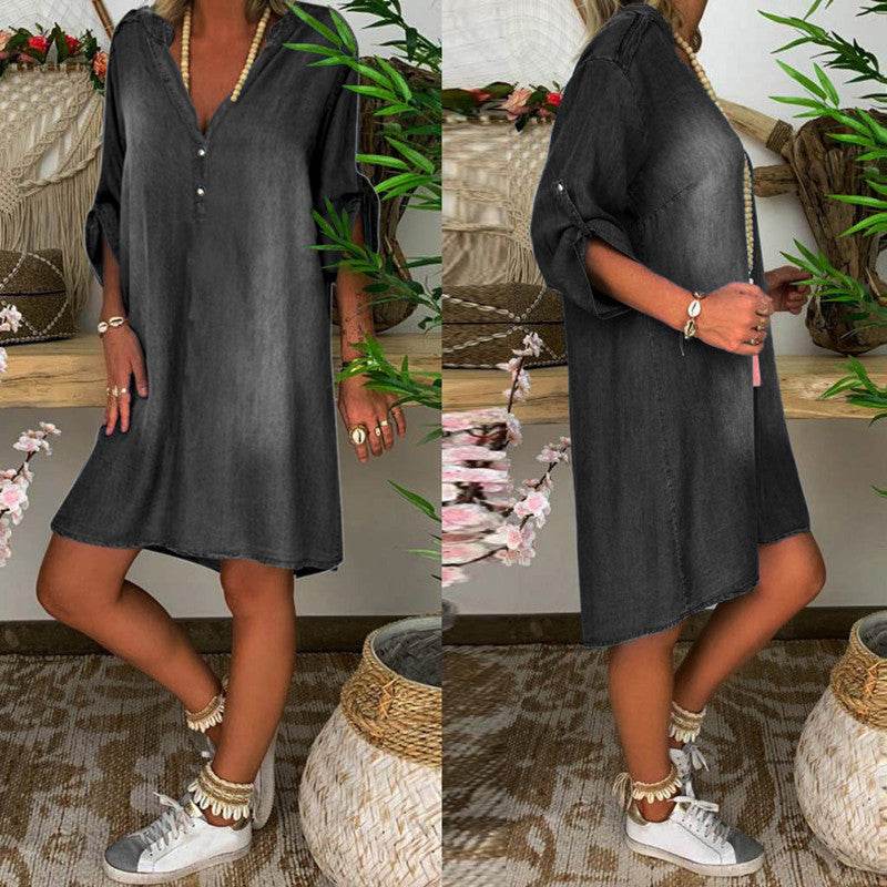 Casual Half Button Mid-sleeve loose Washed denim dress - Velora