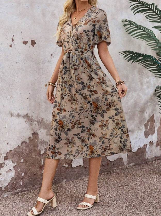 Summer Print Long Belt A-line Dress - Velora