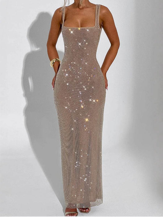 Sleeveless Square neck Suspender Sequined Long Party Dress - Velora