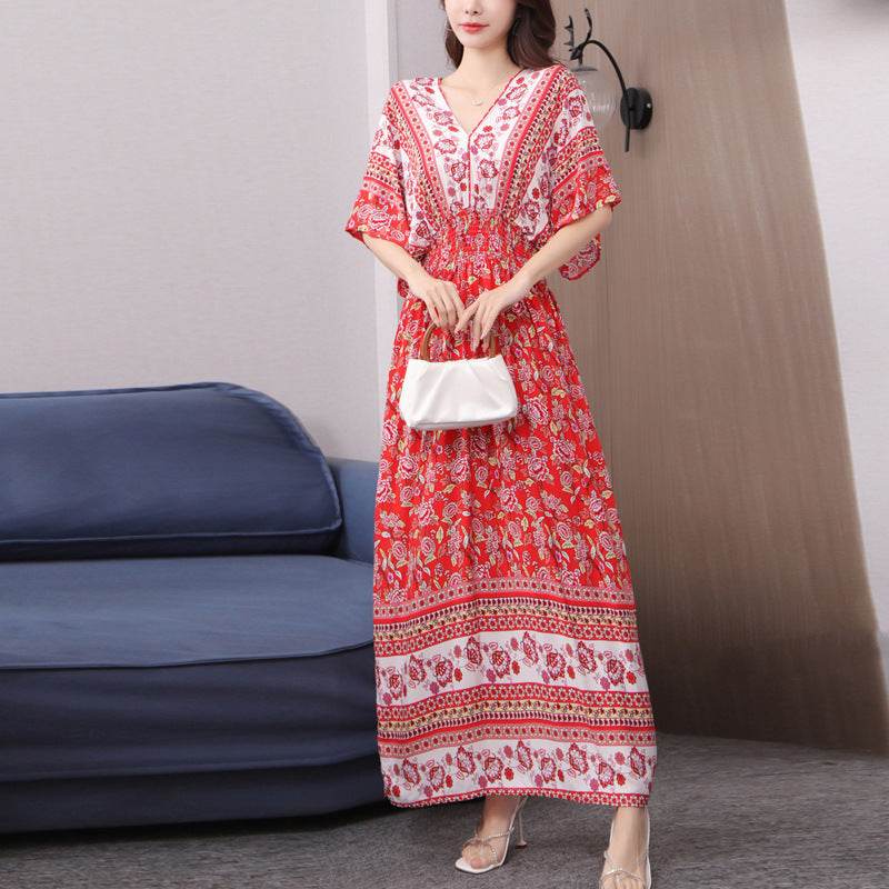 Cotton Silk Floral Dress Women's Summer Ethnic Style V-neck Short Sleeve Pastoral Style Skirt - Velora