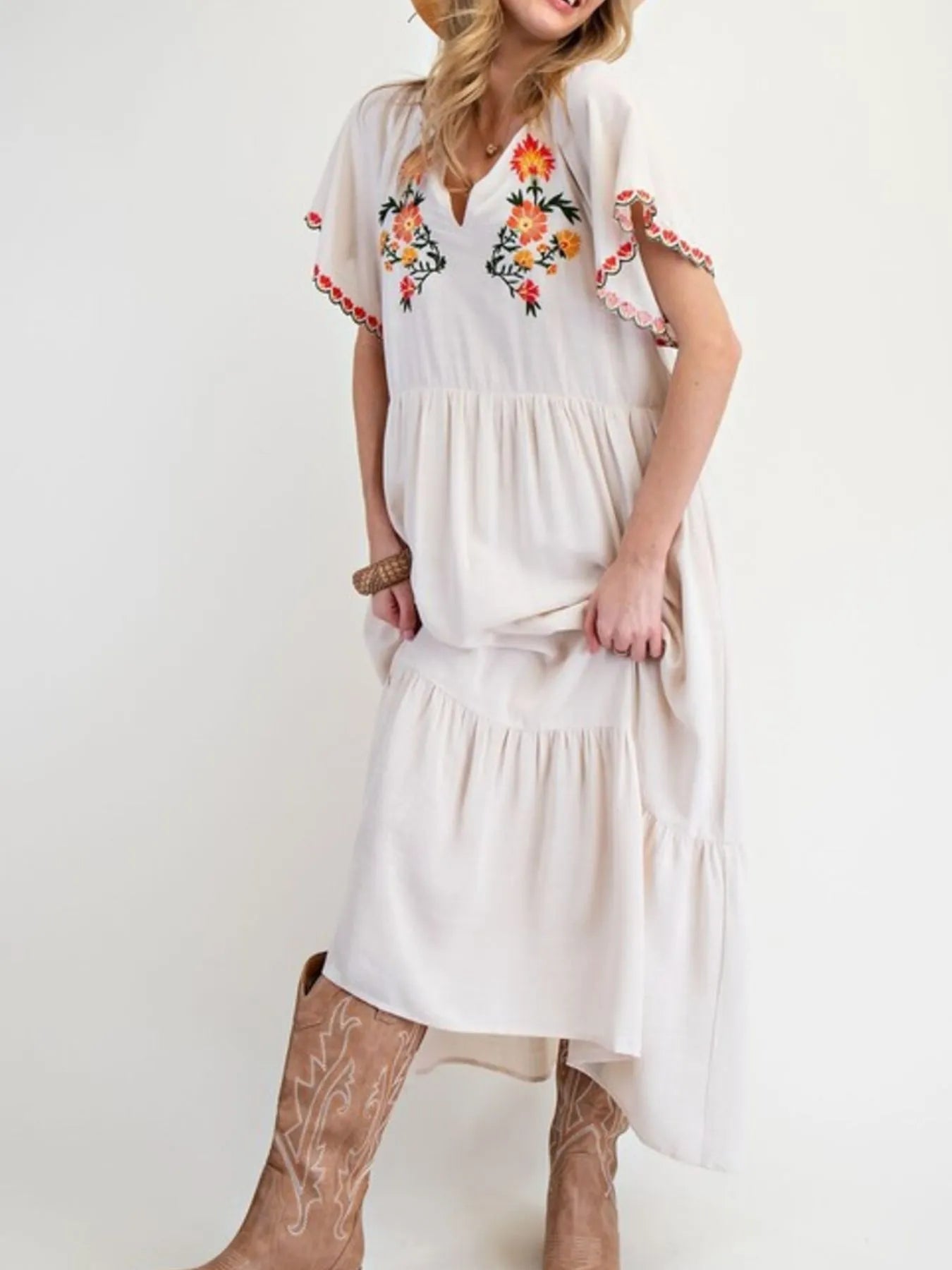 Floral Notched Flutter Sleeve Dress - Velora