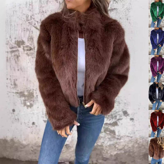 Fashion Stand Collar Plush Jacket Winter Casual Turtleneck Zipper Coat Fleece Tops Women's Clothing - Velora