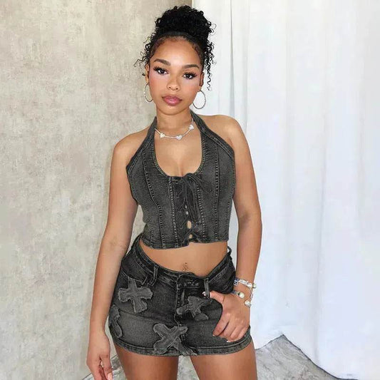 Chic Denim 2 piece Denim Skirt set Jean 2 piece set for Women Sleeveless crop top and Skirt - Velora