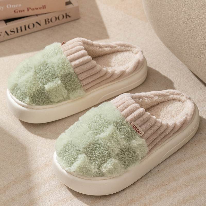 Plaid Plush Slippers Women's Indoor Plush Home Slippers Soft Sole Thick Non-Slip Warm House Shoes Couple Autumn And Winter - Velora