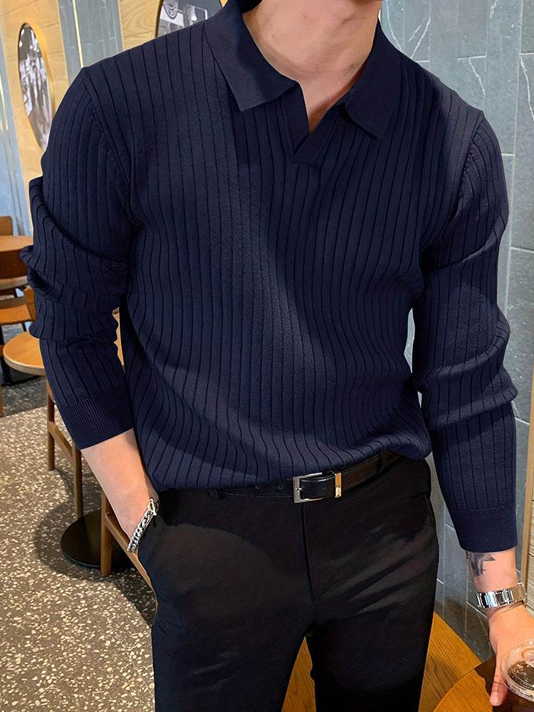Lapel Texture Stretch Slim Knit Polo Shirt Men Polo Shirt Fashion Waffle Long-sleeved Tops Clothing Casual Comfortable Golf Men's Clothing - Velora