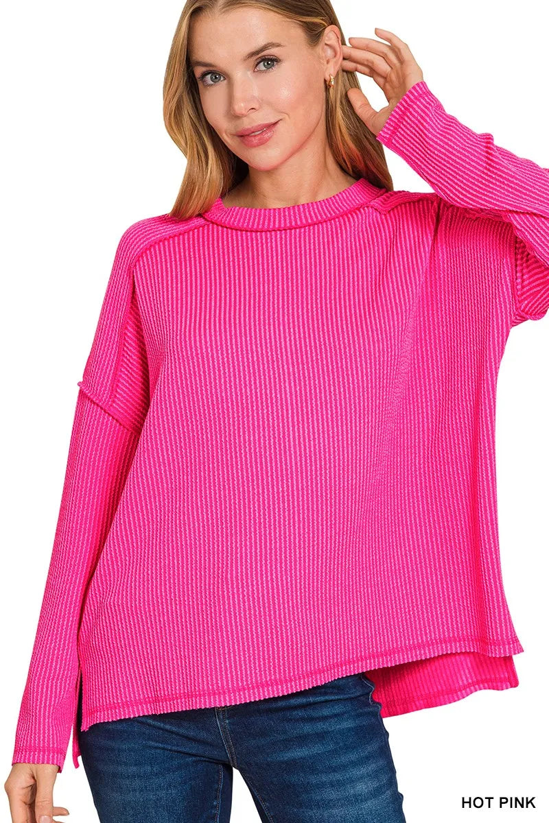 Zenana Exposed Seam Long Sleeve Corded Rib Knit Top - Velora