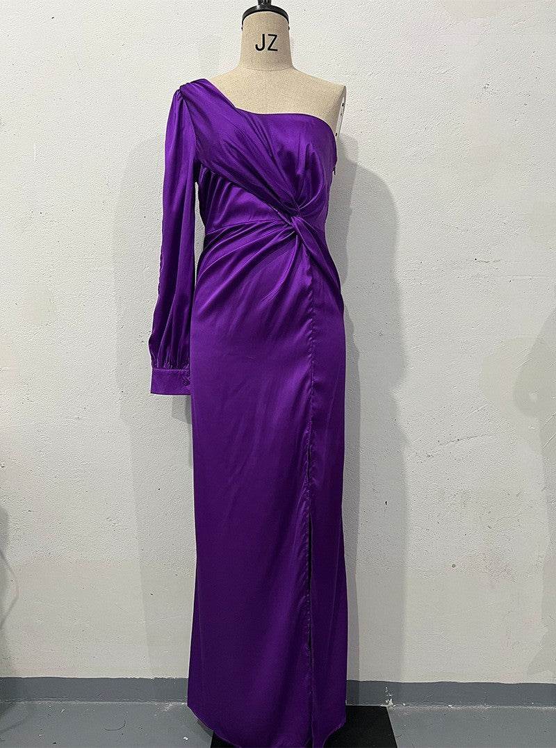 Women's One-shoulder Split Dress Ins Fashion Long-sleeved Slim Long Dresses Party Evening Clothing - Velora