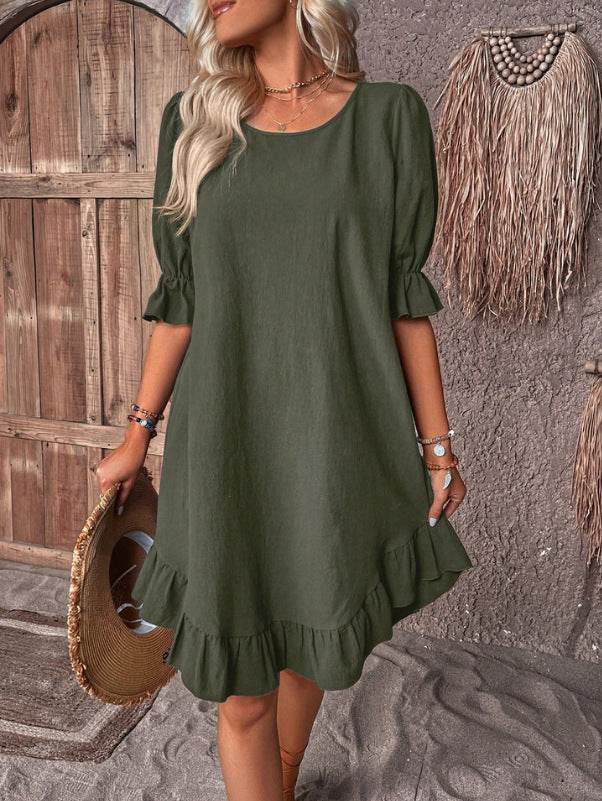 Fashion Ruffle Short-sleeved Dress Summer Solid Color Round Neck Loose Straight Dresses Womens Clothing - Velora