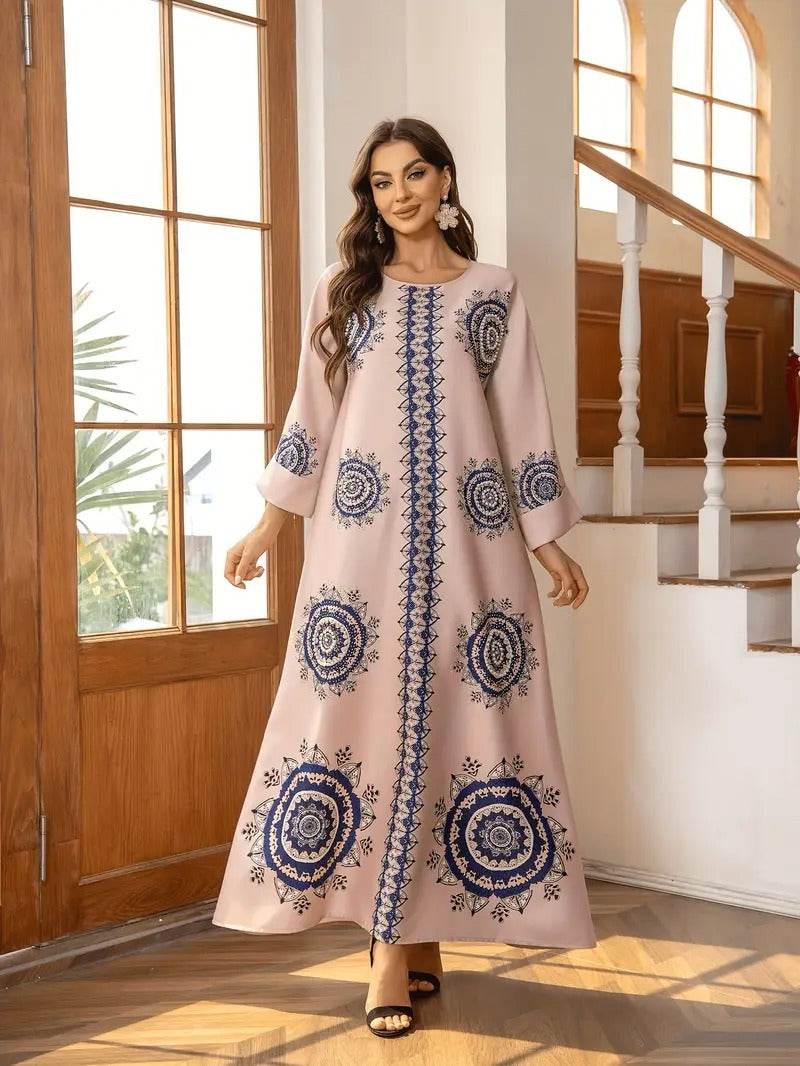 Long Women's Robe, Round Neck And Printed Dress - Velora