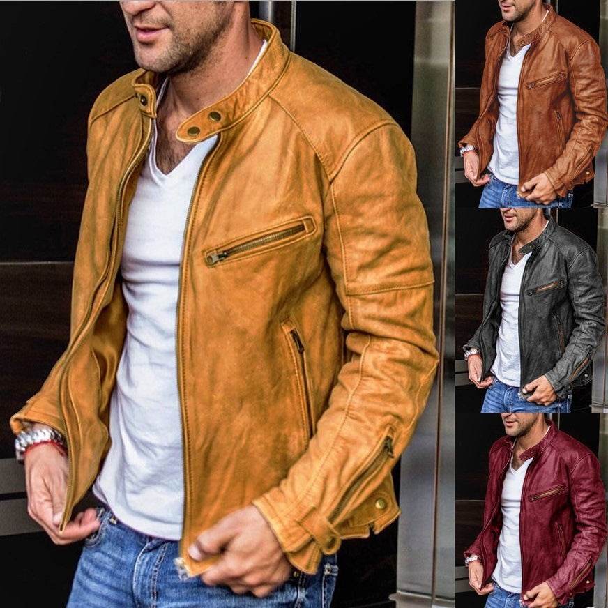 Fall Winter Men PU Leather Stand Collar Punk - Velora