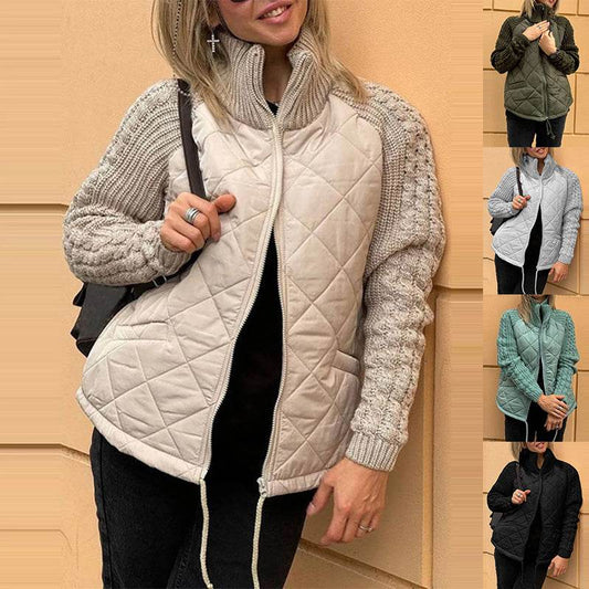 Stand Collar Cotton Jacket With Pockets Fashion Knitted Stitching Zipper Coat Winter Warm Tops For Women - Velora