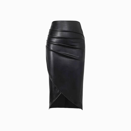 Front Split Leather Skirt Formal Office Work High Waist Sheath midi black Skirt - Velora