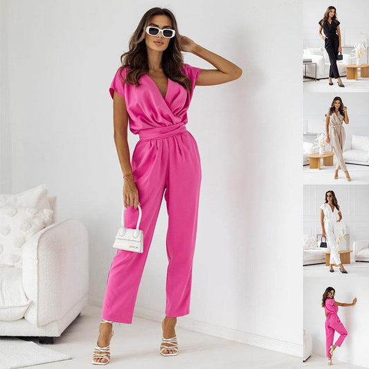 Fashion Solid Color Slimming Short-sleeved Jumpsuit Summer Lace-up Trousers Womens Clothing - Velora