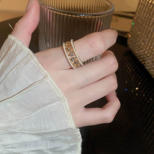 Pearl Hollowed-out Square Open-end Zircon Ring European And American Fashion Ring Female Jewelry - Velora