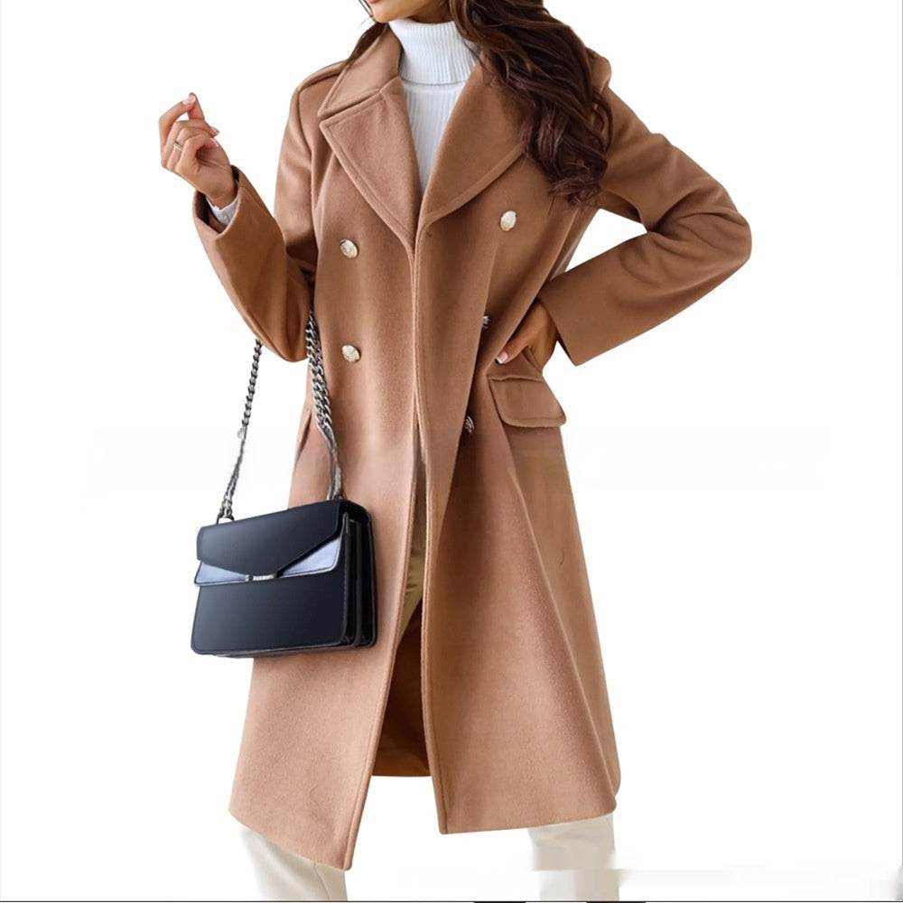 Simple Double Breasted Woolen Coat For Women - Velora