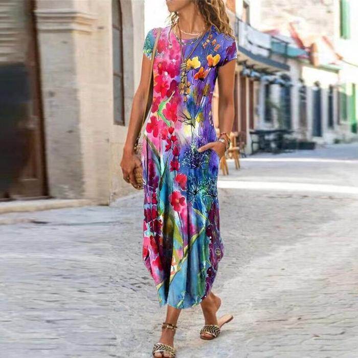 Round Neck Pocket Short Sleeve Trendy Printed Dress - Velora